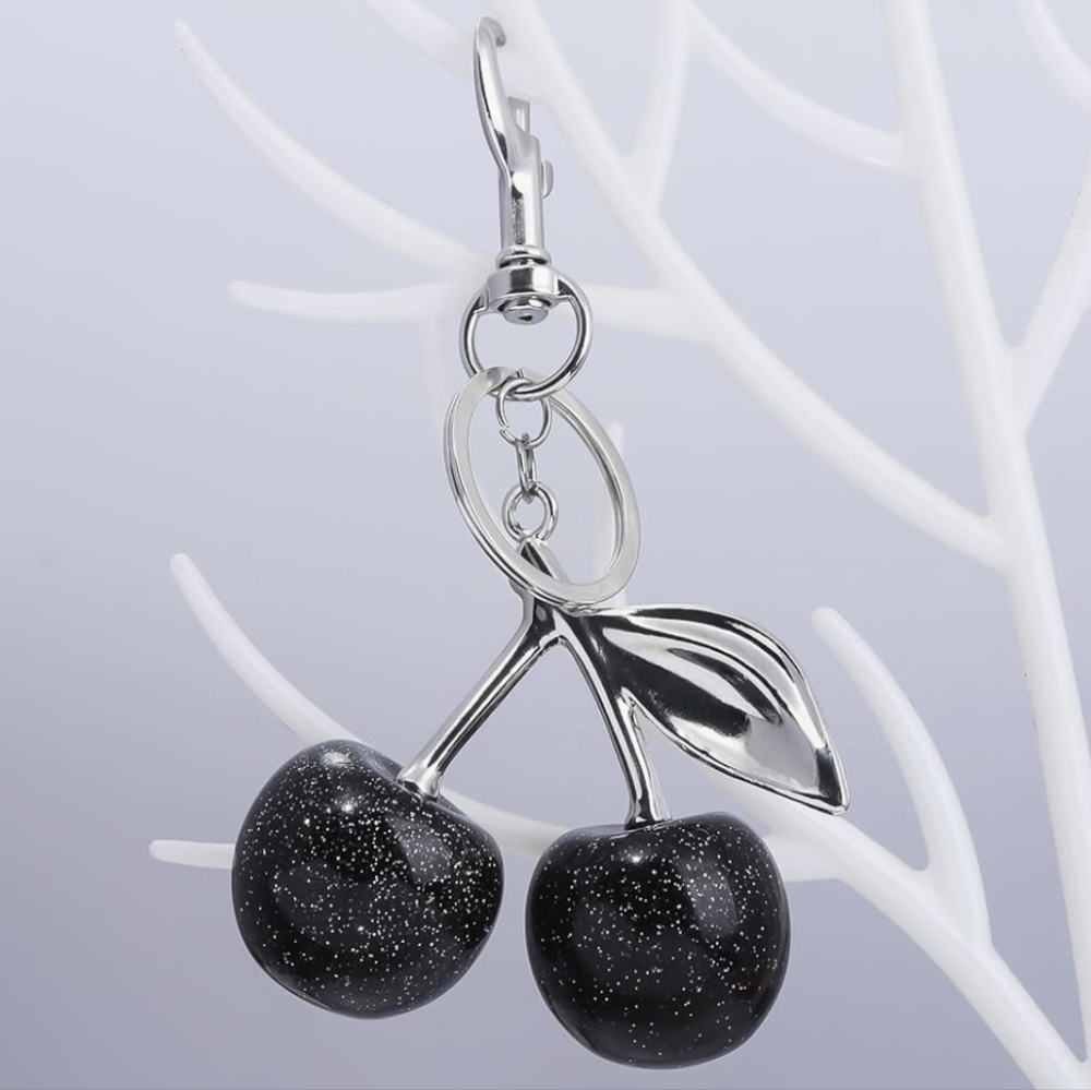 Glitter Cherries Large Black Silver Bag Charm Keychain Ring Pendant - Picture 4 of 6
